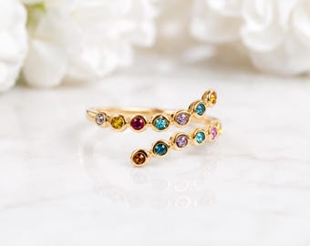 Gold Crystal Ring, Colorful Rhinestone Ring, Black Stone Band Ring, Clear CZ Ring, Stackable Gemstone Jewelry, Ring Gift For Her