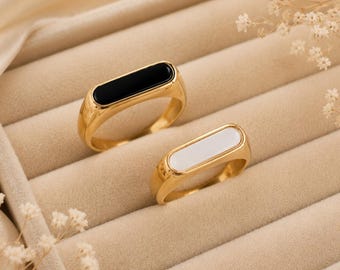 Black Onyx Ring, Pearl Ring, Gold Pearl Ring, Signet Ring, Minimalist Dainty Ring, Stacking Ring, 18K Gold Plated Jewelry Gift for Her