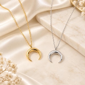 Può includere: Due collane con un ciondolo a forma di mezzaluna. Una collana è color oro con una catenina abbinata, l'altra è color argento con una catenina abbinata. Entrambi i ciondoli presentano una finitura liscia e lucida.