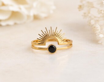 Black Onyx Ring, Celestial Ring, Stacking Ring, Gold Ring, Signet Ring, Minimalist Dainty Ring, 18K Gold Plated Jewelry Gift for Her