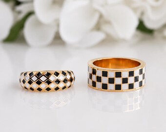 Checkerboard Ring Gold | Black and White Gold Ring, Geometric Enamel Band Rings, Harlequin Lattice Ring, Bold Statement Rings