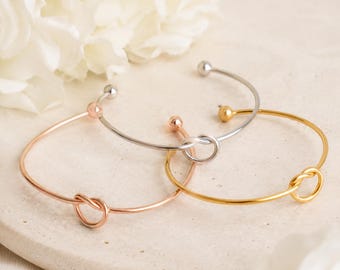 Love Knot Bracelet, Minimalist Knot Bangle, Adjustable Cuff Bracelet, 18K Gold Plated Bracelet, No Tarnish Jewelry, Gift for Her