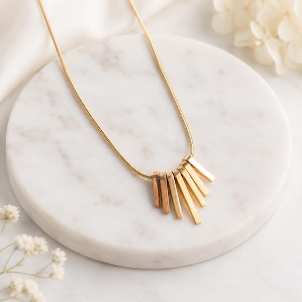Collar con colgante de barra de oro, collar minimalista con dije de abanico, collar moderno de oro llamativo, collar delicado para el día a día, regalo de Navidad