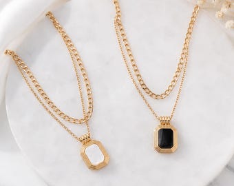 Black Onyx Necklace, Double Layering Necklace, Pearl Necklace, Gold Pearl Pendant, Minimalist Dainty Necklace, Necklace Jewelry Gift for Her