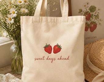 Sweet Days Ahead Strawberry Tote Bag | Canvas Market Bag | Reusable Grocery Tote