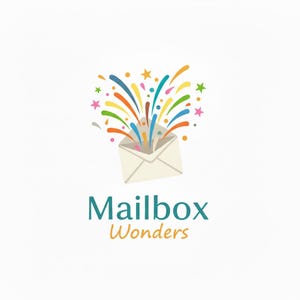 May include: A graphic logo featuring an open white envelope with colourful lines and stars bursting out from the top. Below the envelope, the text reads Mailbox Wonders in teal and orange lettering against a plain white background.
