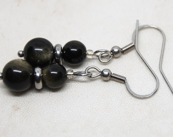 Glimmering Golden Obsidian Earrings 6-8mm with Stainless Steel Accents, Surgical Steel Ear Wires