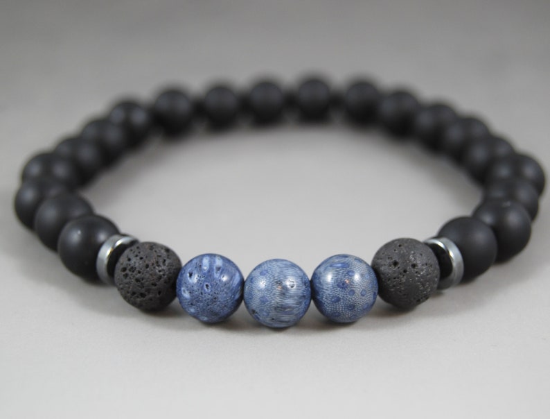 Black Lava Stone 8mm Beaded Stretchy Bracelet with Light Blue Sponge Coral Focal Beads Men/'s Matte Black Agate
