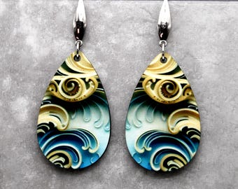Ocean Waves Print Teardrop Earrings: Lightweight, Stainless Steel Ear Wires, YOU CHOOSE STYLE
