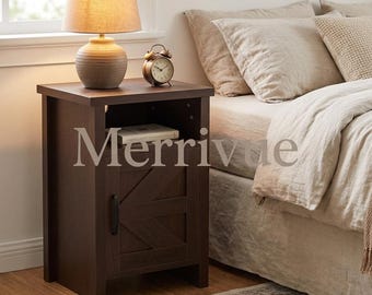 Farmhouse End Table Set of 2 with Barn Door, Rustic Nightstand Set | Bedside Table with Open Shelf Storage for Bedroom Living Room