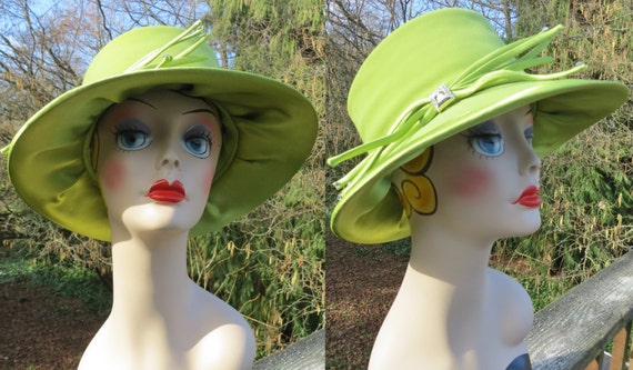 1980s green fedora style hat/ green cloche style h