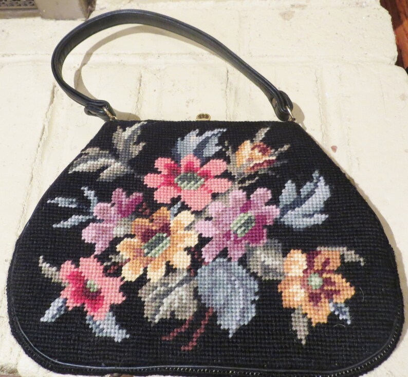 Vintage black needlepoint purse with flowers/ tapestry flower Etsy