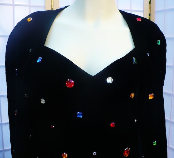 Vintage black velvet wiggle dress/ gem stone dress
