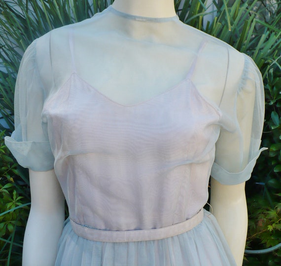 Powder Blue organza 1950s dress/ Pink under layer
