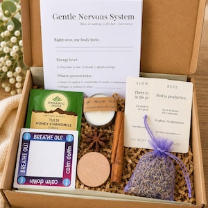 Op de afbeelding: Een kartonnen geschenkdoos met een Gentle Nervous System-kaart, een Organic India Tulsi Honey Chamomile-theezakje, een kleine kaars, een steranijs, een houten schijf, een kaneelstokje, een lavendelzakje en een Breathe Out-kaart.