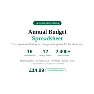 Könnte beinhalten: Eine jährliche Budget-Tabelle mit dem Titel UK Ultimate Edition. Sie enthält 19 organisierte Reiter, 12 Monatsbudgets und über 2.400 intelligente Formeln. Beinhaltet Funktionen für Schuldenberechnung, Sparziele und Nettovermögen.