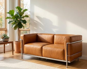 Echtleder Zweiersofa | Mid Century Modern Metallrahmen Sofa