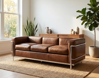 Genuine Leather 3 Seater Sofa | Mid Century Modern Metal Frame Couch