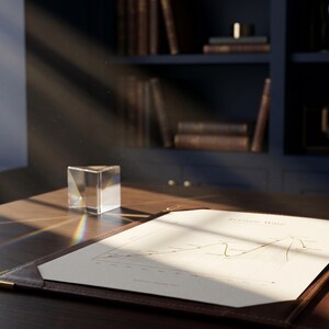 Può includere: Una scena di scrivania ben illuminata con una penna stilografica blu e oro, un documento con un grafico e un cubo di vetro trasparente. La scrivania è in legno scuro, con un tappetino in pelle. Librerie sullo sfondo.