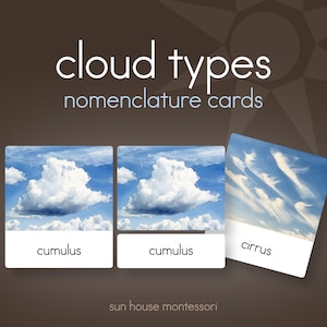 May include: A set of educational nomenclature cards titled cloud types, featuring photographic images of cumulus and cirrus clouds against a blue sky. Each card displays the cloud name in black text on a white background. The brand name sun house montessori is printed at the bottom.