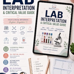 May include: A digital download guide titled Lab Interpretation & Critical Value Guide featuring medical icons, a test tube rack, and a microscope. The document includes clinical reference data, lab panels, and critical values for healthcare professionals.