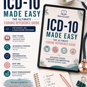 Op de afbeelding: Een digitale ICD-10 codeerhandleiding voor zorgverleners getiteld ICD-10 MADE EASY. Het document bevat een tablet met de handleiding, een notitieboek met een checklist, een roségouden pen, een stethoscoop en een klem.