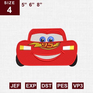 May include: A red race car embroidery design featuring blue eyes, a white windshield, a yellow lightning bolt, and the number 95. The text includes SIZE 4, 5" 6" 8", and file formats JEF, EXP, DST, PES, VP3. The design has a white background.