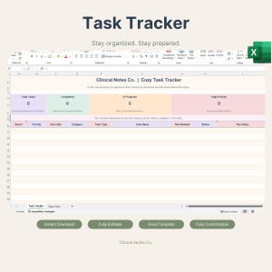 May include: A digital task tracker template in a spreadsheet format. The title "Task Tracker" is at the top, with the text "Stay organized. Stay prepared." below it. The spreadsheet includes sections for task details, priority, and status. Buttons at the bottom say "Instant Download" and "Fully Editable."
