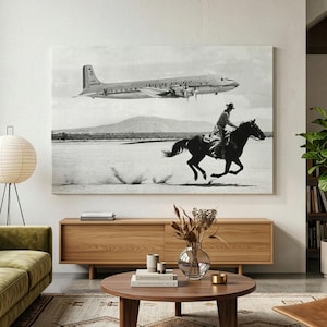 American Airlines Plane Canvas Print, Vintage Aviation Wall Art, Cowboy On Horseback Photo, Mid Century Travel Decor, Black And White Art