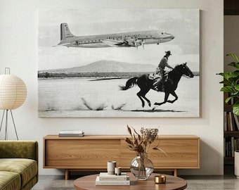 American Airlines Plane Canvas Print, Vintage Aviation Wall Art, Cowboy On Horseback Photo, Mid Century Travel Decor, Black And White Art