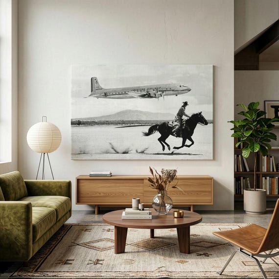American Airlines Plane Canvas Print, Vintage Aviation Wall Art, Cowboy On Horseback Photo, Mid Century Travel Decor, Black And White Art