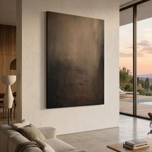 May include: A large, rectangular abstract painting featuring a dark, moody color palette of deep browns, blacks, and muted bronze tones. The artwork displays a textured, layered surface with vertical brushstrokes that create a gradient effect.