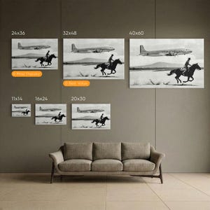 Canvasafdruk vliegtuig American Airlines, vintage luchtvaart muurkunst, foto cowboy te paard, reisdecor halverwege de eeuw, zwart-witte kunst afbeelding 6