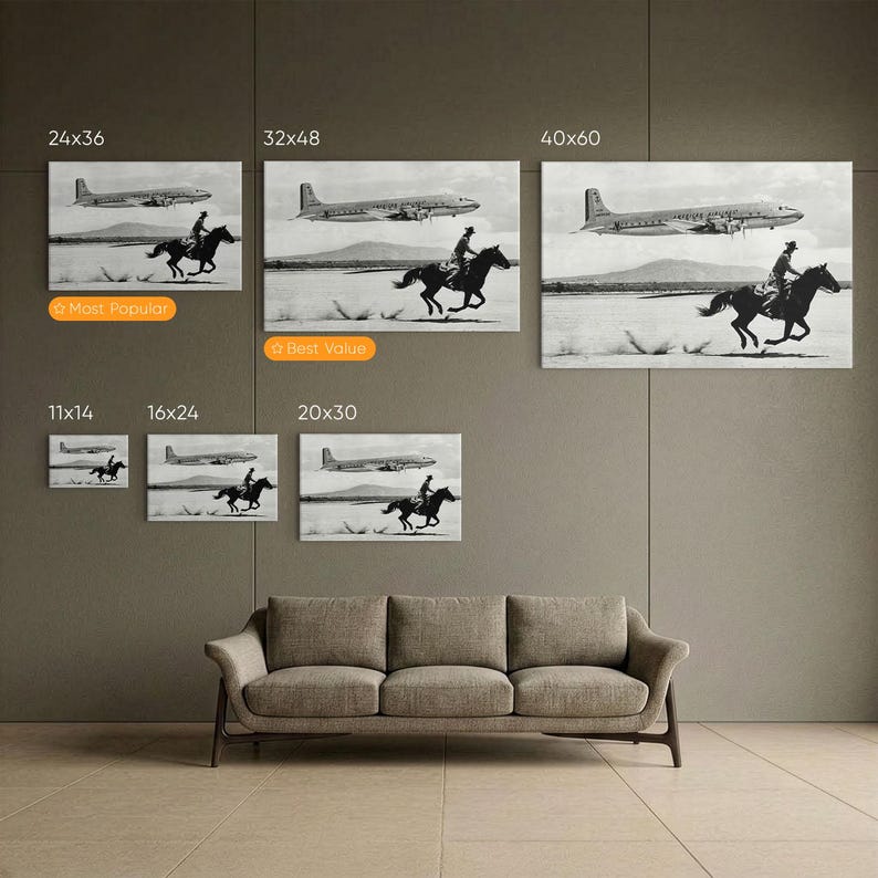 Canvasafdruk vliegtuig American Airlines, vintage luchtvaart muurkunst, foto cowboy te paard, reisdecor halverwege de eeuw, zwart-witte kunst afbeelding 6
