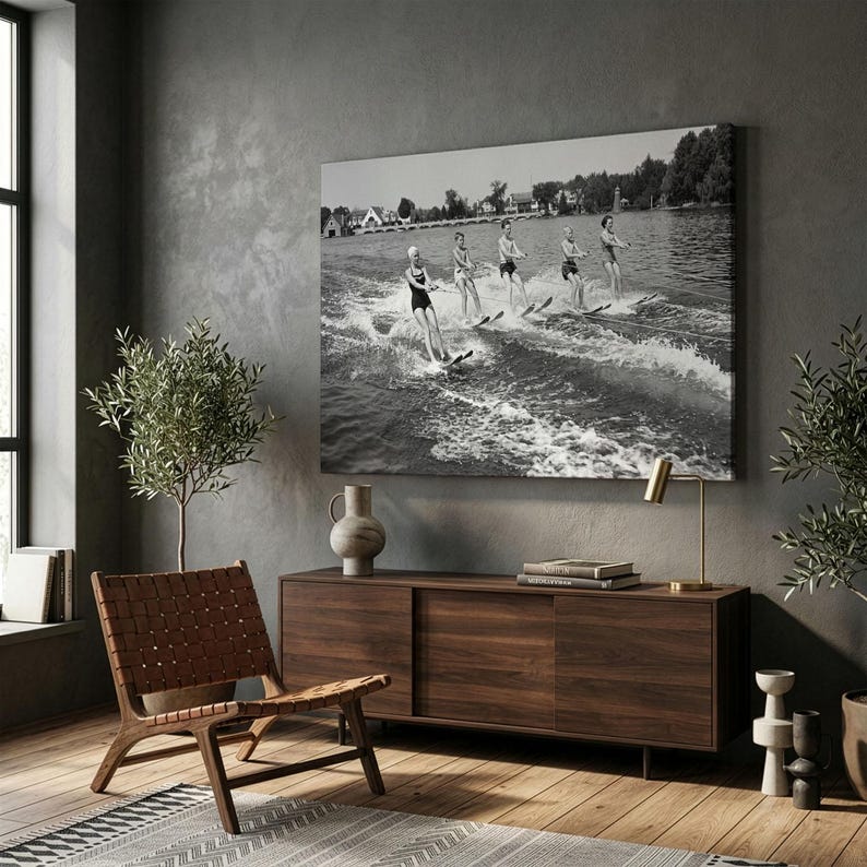 Vintage Water Skiing Canvas Print, Black And White Lake Photography, Retro Summer Sports Wall Art, 1950s Nostalgic Decor, Waterskiing Poster image 3