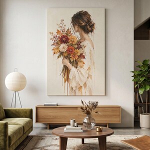 Fall Bouquet Woman Canvas Print, Autumn Floral Wall Art, Textured Boho Woman Decor, Rust Orange Flower Artwork, Cozy Cottagecore Home Decor