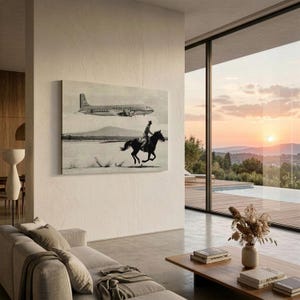 Canvasafdruk vliegtuig American Airlines, vintage luchtvaart muurkunst, foto cowboy te paard, reisdecor halverwege de eeuw, zwart-witte kunst afbeelding 5