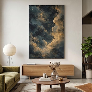 Stampa su tela "Nuvola dorata celeste", arte murale spaziale oscura e suggestiva, decorazione cielo notturno galattico, stampa astratta di nebulosa, arte eterea con polvere d'oro