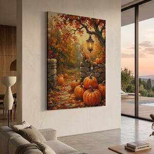 May include: A rectangular wall art print depicting an autumn forest scene with a fox sitting on a stone wall. The scene features orange pumpkins on the ground, fallen leaves in shades of red and gold, and a hanging lantern glowing in a tree.