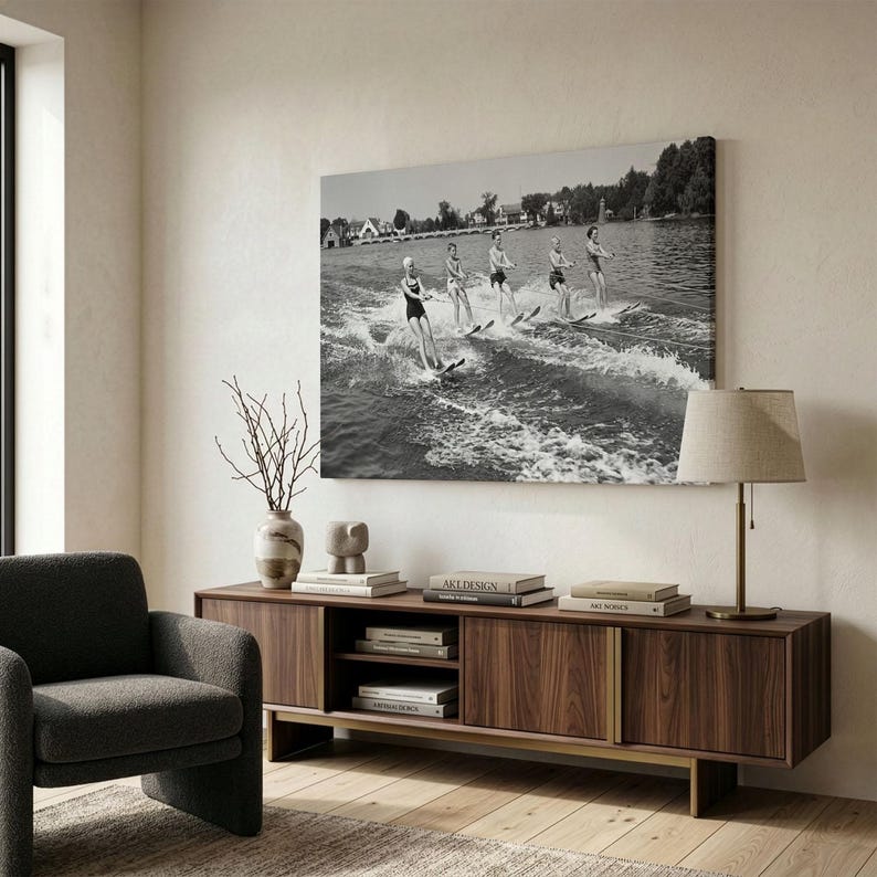 Vintage Water Skiing Canvas Print, Black And White Lake Photography, Retro Summer Sports Wall Art, 1950s Nostalgic Decor, Waterskiing Poster image 2