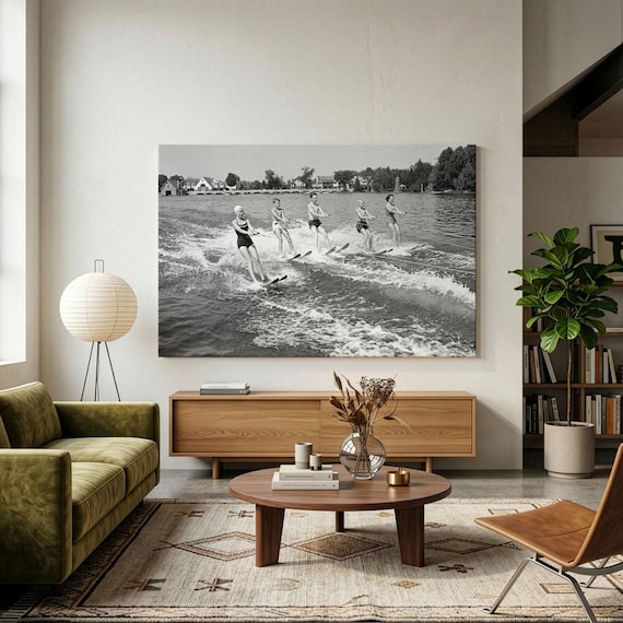Vintage Water Skiing Canvas Print, Black And White Lake Photography, Retro Summer Sports Wall Art, 1950s Nostalgic Decor, Waterskiing Poster