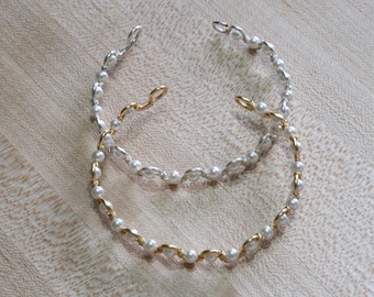 Beaded Bracelet for Women - White Pearl Snow Owl Squiggly Wire Wrapped Bracelet - Minimal Dainty Handmade Adjustable Jewelry Stackable