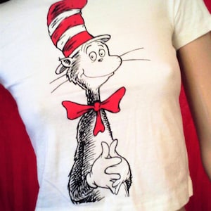 Ungetragenes Vintage 90er Jahre Katze im Hut-T-Shirt im neuwertigen Zustand Dead Stock Erwachsene und Kindergrößen Langlebiges Handsiebdruckdesign