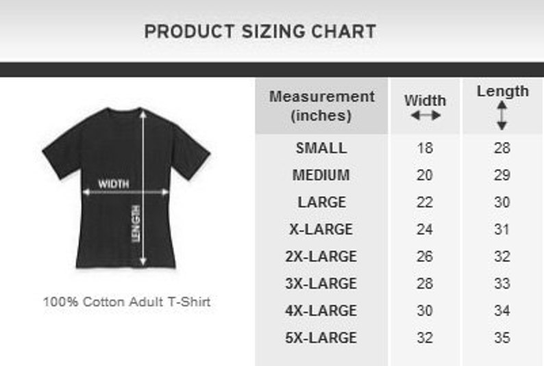 May include: A product sizing chart for a 100% cotton adult t-shirt. The chart shows the width and length measurements in inches for sizes small through 5X-large.