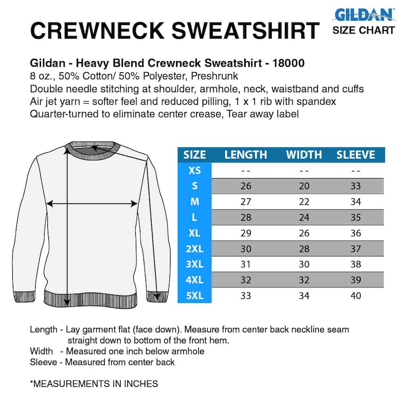 May include: A size chart for a Gildan crewneck sweatshirt. The chart shows the measurements in inches for different sizes, including XS, S, M, L, XL, 2XL, 3XL, 4XL, and 5XL. The measurements include length, width, and sleeve length.