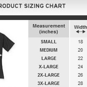 Puede incluir: Tabla de tallas para camisetas, que muestra las medidas de ancho y largo en pulgadas para las tallas S a 3XL.