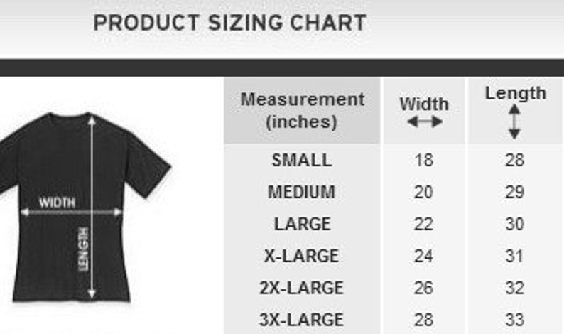 Puede incluir: Tabla de tallas para camisetas, que muestra las medidas de ancho y largo en pulgadas para las tallas S a 3XL.