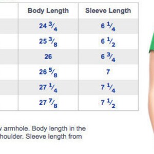 May include: Size chart for a t-shirt with measurements in inches for chest, body length, and sleeve length. Sizes include XS, S, M, L, XL, and 2XL.