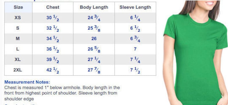 May include: Size chart for a t-shirt with measurements in inches for chest, body length, and sleeve length. Sizes include XS, S, M, L, XL, and 2XL.