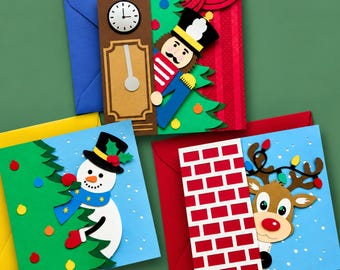 3D Christmas Card SVG Bundle | DIY Layered Reindeer, Snowman and Nutcracker Pop Up Card Template | Papercut Greeting Cards
